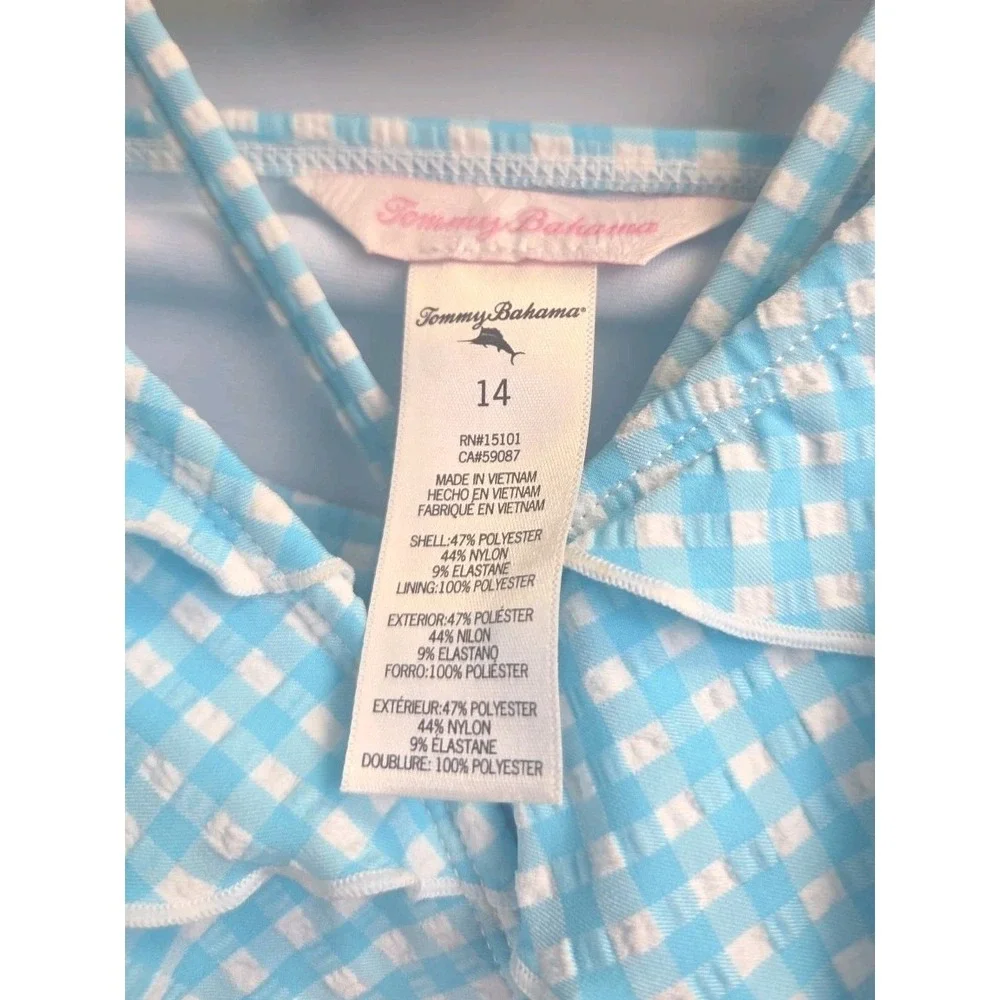 Tommy Bahama Kids Two Piece Swimsuit Gingham Sky Blue Size‎ 14 Ruffles & Ties